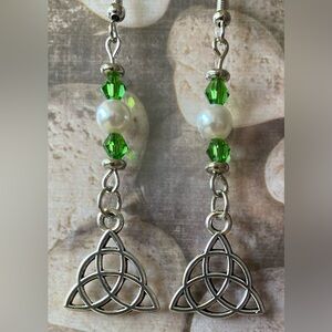 Celtic Knot With Swarovski Glass Pearls and Green Crystal Bead Earrings